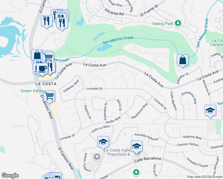 map of restaurants, bars, coffee shops, grocery stores, and more near 7701 Palenque Street in Carlsbad