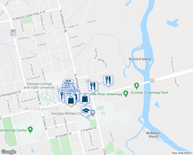 map of restaurants, bars, coffee shops, grocery stores, and more near 230 North Warren Street in Milledgeville