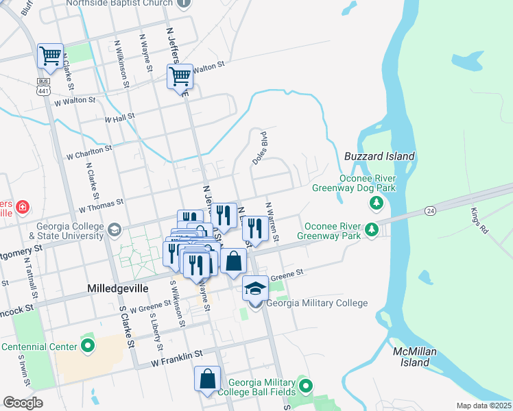 map of restaurants, bars, coffee shops, grocery stores, and more near 230 North Warren Street in Milledgeville