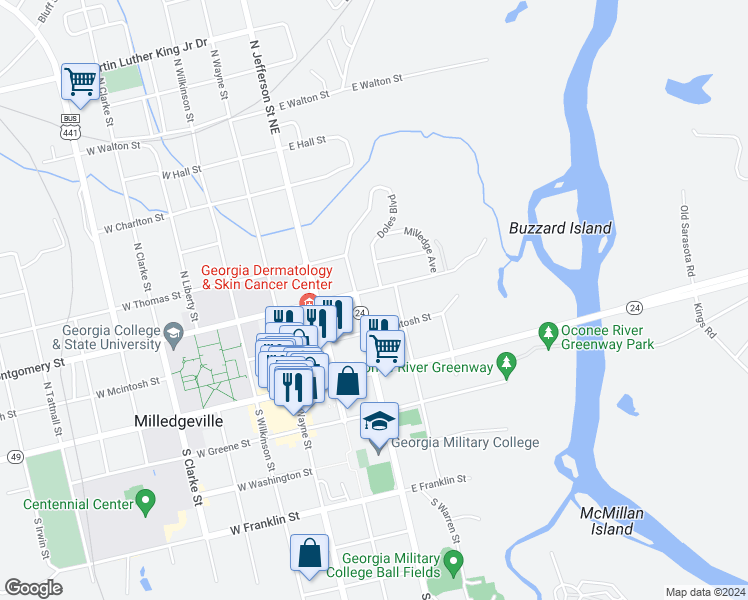 map of restaurants, bars, coffee shops, grocery stores, and more near 230 North Warren Street in Milledgeville
