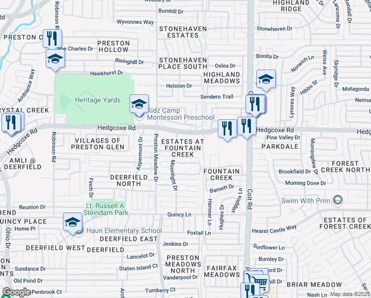 map of restaurants, bars, coffee shops, grocery stores, and more near 4324 Pearl Court in Plano