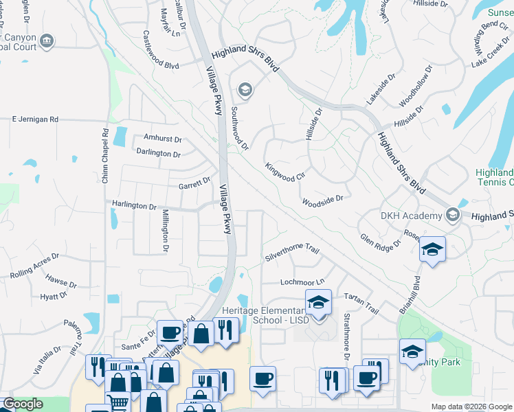 map of restaurants, bars, coffee shops, grocery stores, and more near 944 Idlewild Court in Highland Village