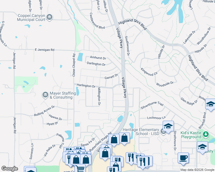 map of restaurants, bars, coffee shops, grocery stores, and more near 2976 Marchwood Drive in Highland Village
