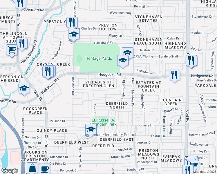map of restaurants, bars, coffee shops, grocery stores, and more near 4549 Kentucky Drive in Plano