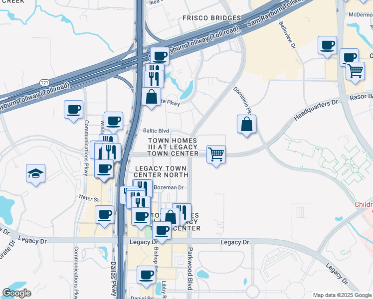 map of restaurants, bars, coffee shops, grocery stores, and more near 7917 Parkwood Boulevard in Plano
