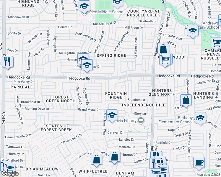 map of restaurants, bars, coffee shops, grocery stores, and more near 7809 Pirates Cove Drive in Plano