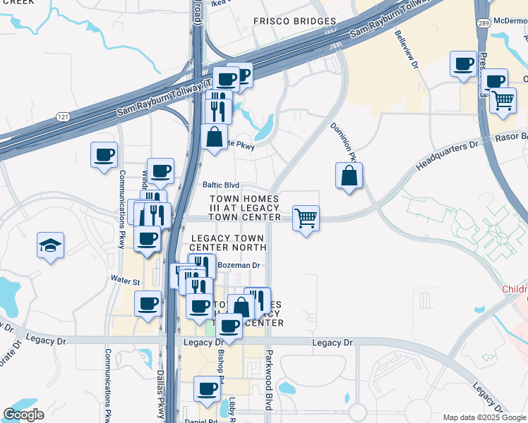 map of restaurants, bars, coffee shops, grocery stores, and more near 7917 Parkwood Boulevard in Plano