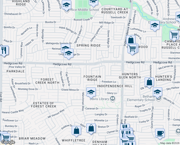 map of restaurants, bars, coffee shops, grocery stores, and more near 7901 Pirates Cove Drive in Plano
