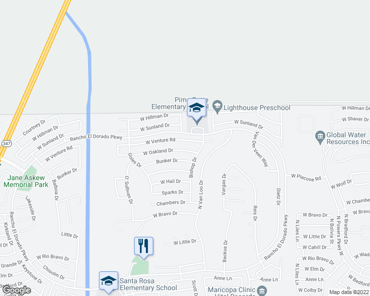 map of restaurants, bars, coffee shops, grocery stores, and more near 42304 Oakland Drive in Maricopa