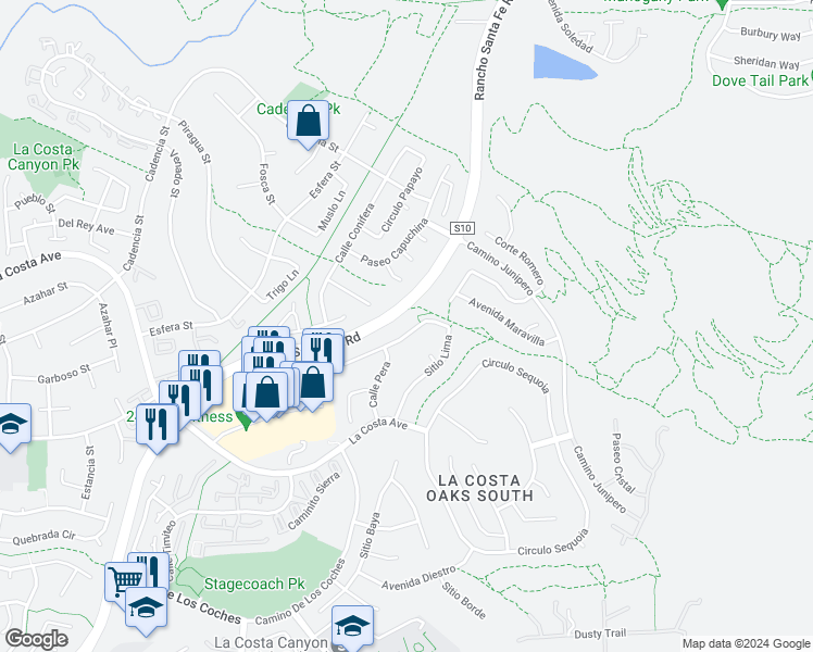 map of restaurants, bars, coffee shops, grocery stores, and more near 7290 Sitio Lima in Carlsbad