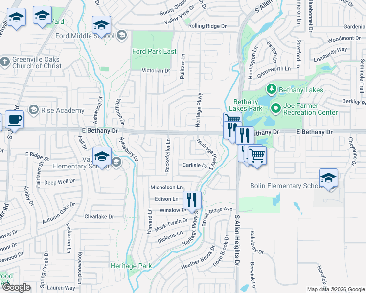 map of restaurants, bars, coffee shops, grocery stores, and more near 821 Kipling Drive in Allen