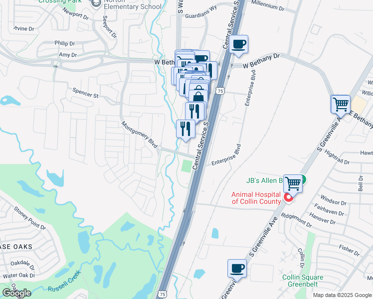 map of restaurants, bars, coffee shops, grocery stores, and more near 1070 Watters Creek Boulevard in Allen