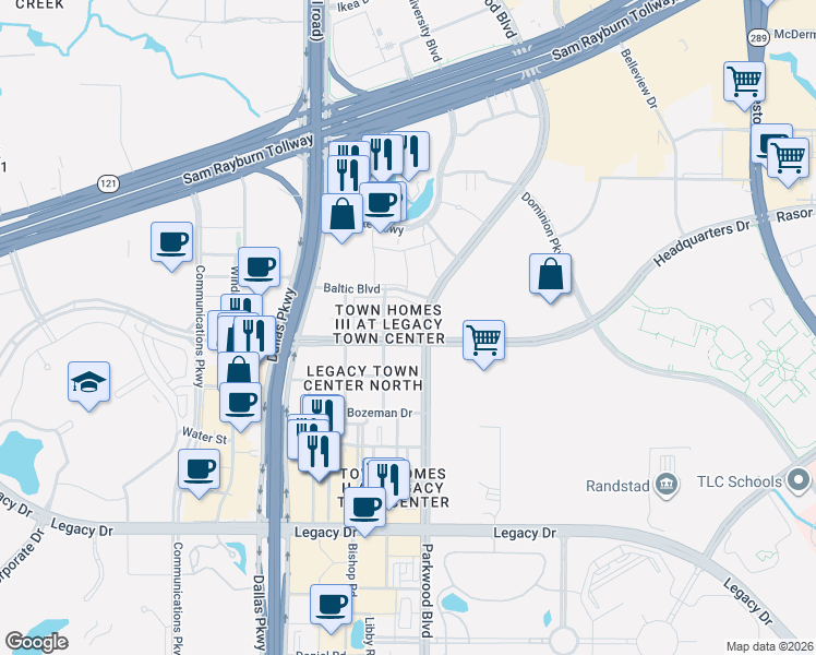 map of restaurants, bars, coffee shops, grocery stores, and more near 5701 Headquarters Drive in Plano