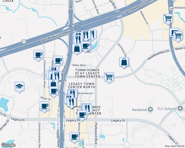 map of restaurants, bars, coffee shops, grocery stores, and more near 5701 Headquarters Drive in Plano