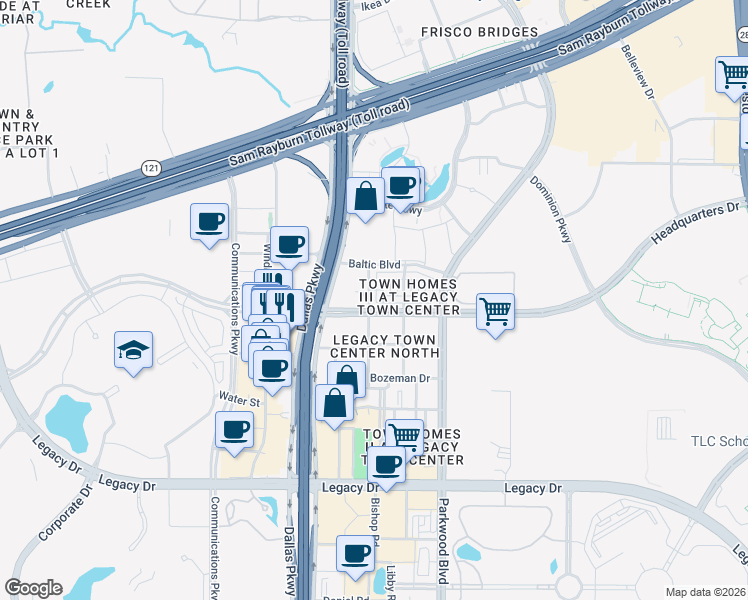 map of restaurants, bars, coffee shops, grocery stores, and more near 7850 Bishop Road in Plano