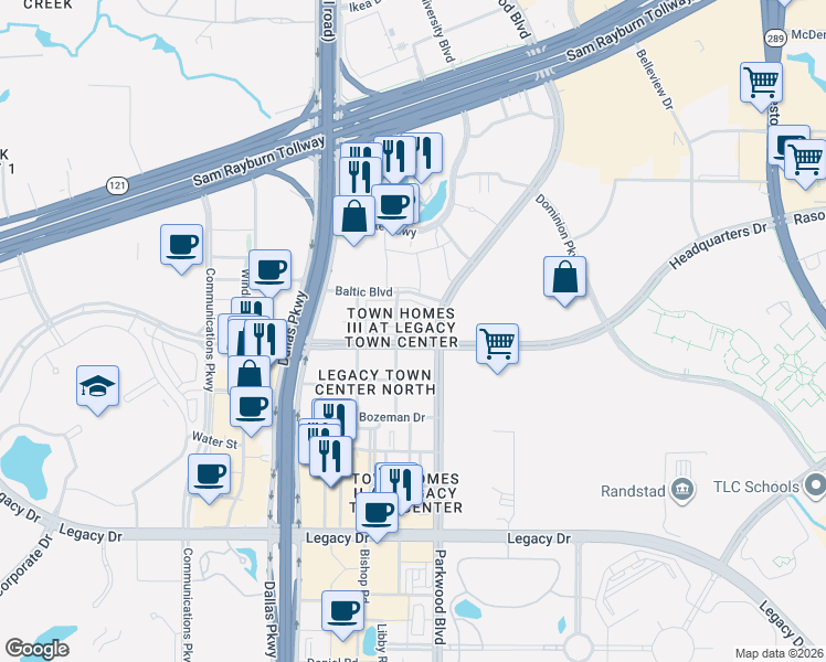 map of restaurants, bars, coffee shops, grocery stores, and more near 5701 Headquarters Drive in Plano