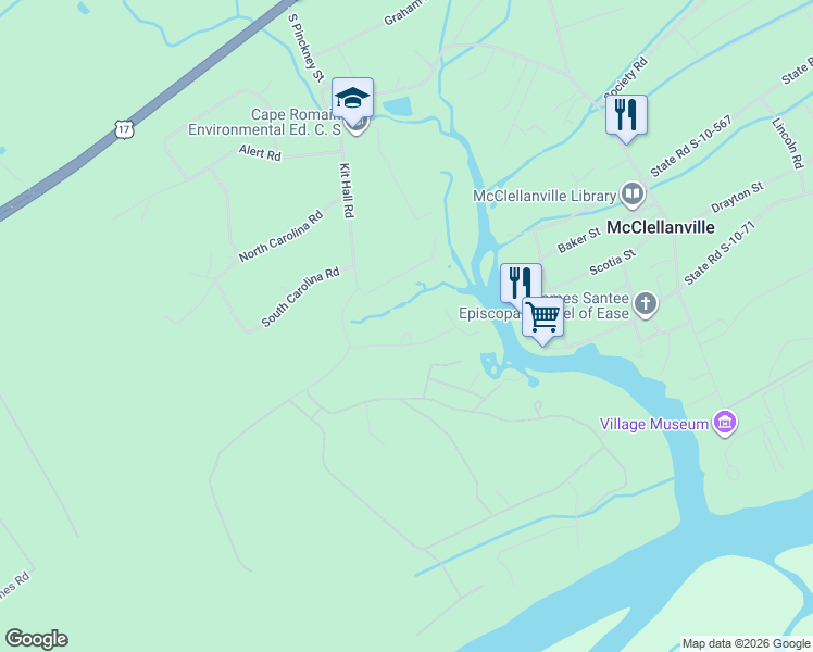 map of restaurants, bars, coffee shops, grocery stores, and more near 649 Broadmarsh Road in McClellanville