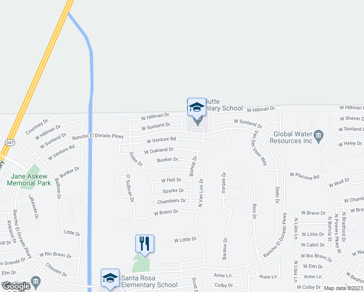 map of restaurants, bars, coffee shops, grocery stores, and more near 42340 Oakland Drive in Maricopa