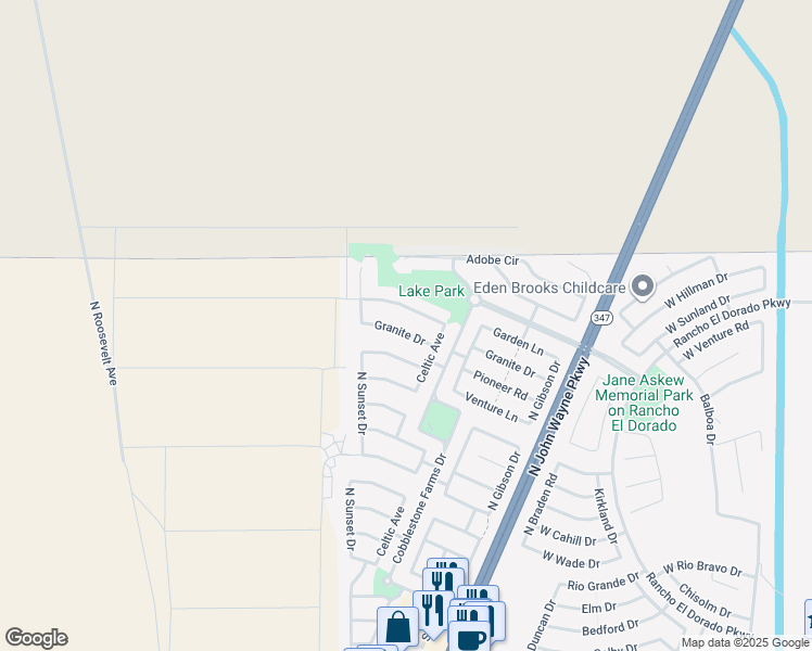 map of restaurants, bars, coffee shops, grocery stores, and more near 44562 Granite Drive in Maricopa