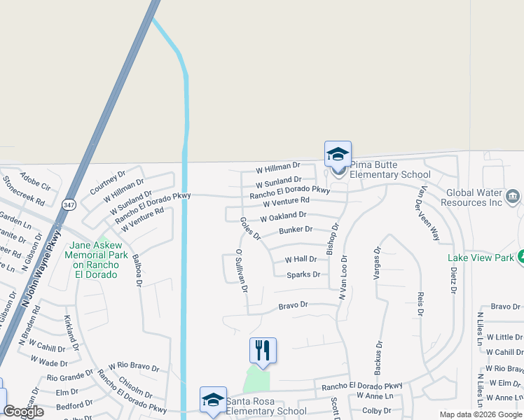 map of restaurants, bars, coffee shops, grocery stores, and more near 42657 West Oakland Drive in Maricopa