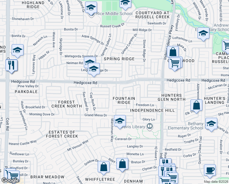 map of restaurants, bars, coffee shops, grocery stores, and more near 7809 Pirates Cove Drive in Plano