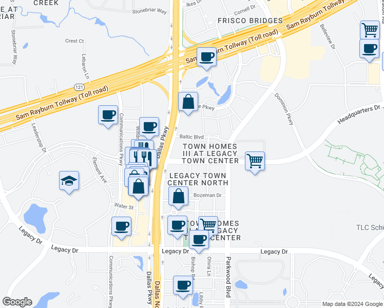 map of restaurants, bars, coffee shops, grocery stores, and more near 7916 Bishop Road in Plano