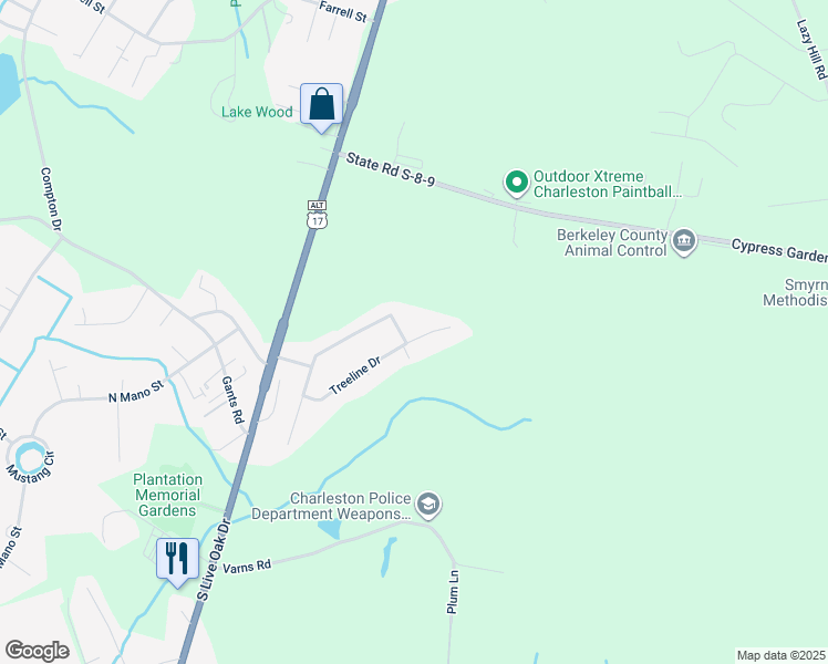 map of restaurants, bars, coffee shops, grocery stores, and more near 427 Treeline Drive in Moncks Corner