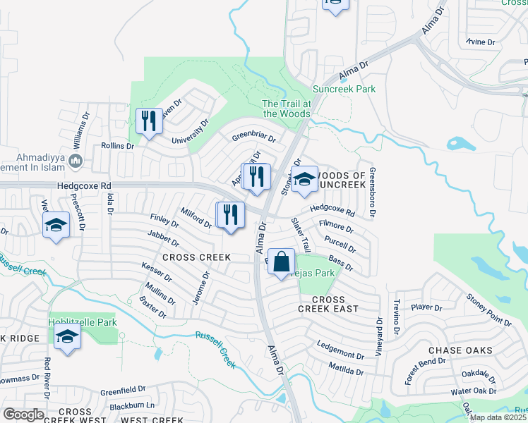 map of restaurants, bars, coffee shops, grocery stores, and more near Alma Dr & Hedgcoxe Rd in Allen