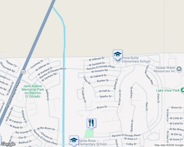 map of restaurants, bars, coffee shops, grocery stores, and more near 42657 West Oakland Drive in Maricopa