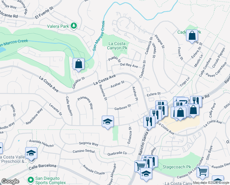 map of restaurants, bars, coffee shops, grocery stores, and more near 3005 Cadencia Street in Carlsbad