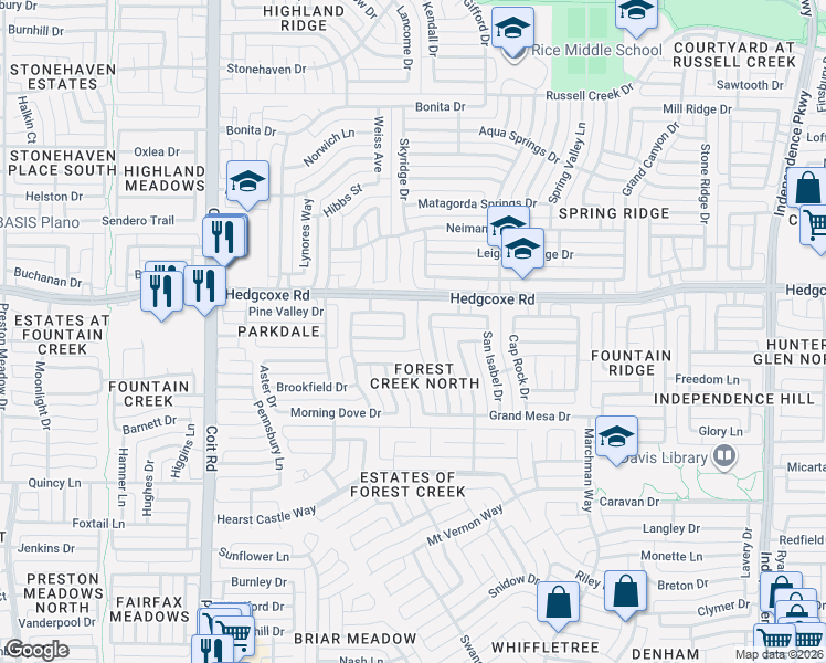 map of restaurants, bars, coffee shops, grocery stores, and more near 7809 Cherry Creek Drive in Plano