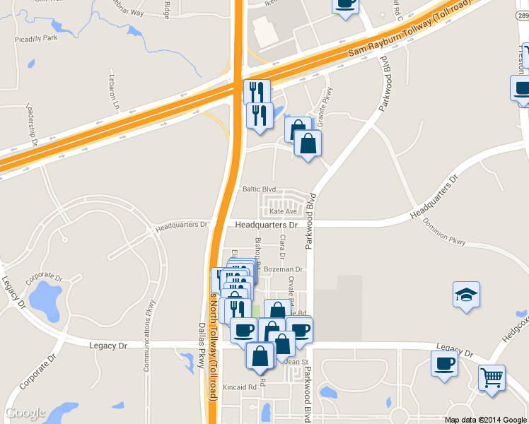 map of restaurants, bars, coffee shops, grocery stores, and more near 7850 Bishop Road in Plano