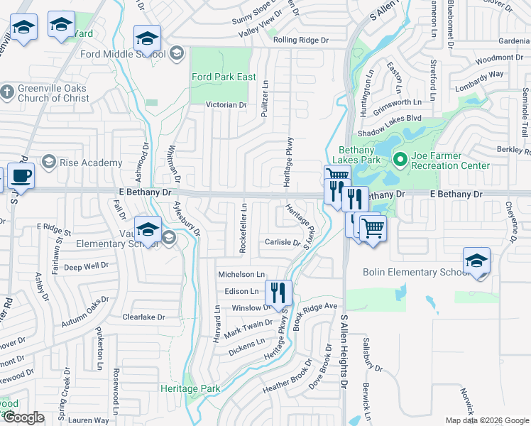 map of restaurants, bars, coffee shops, grocery stores, and more near 821 Kipling Drive in Allen