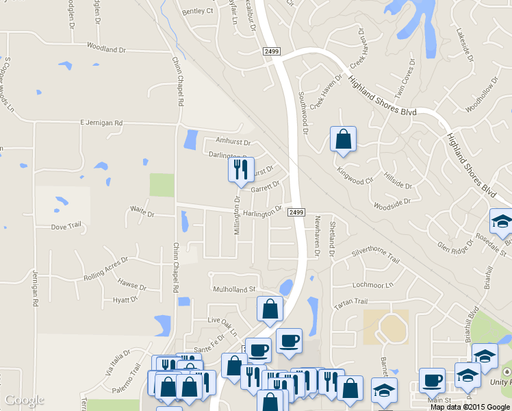 map of restaurants, bars, coffee shops, grocery stores, and more near 4207 Lansbury Drive in Highland Village