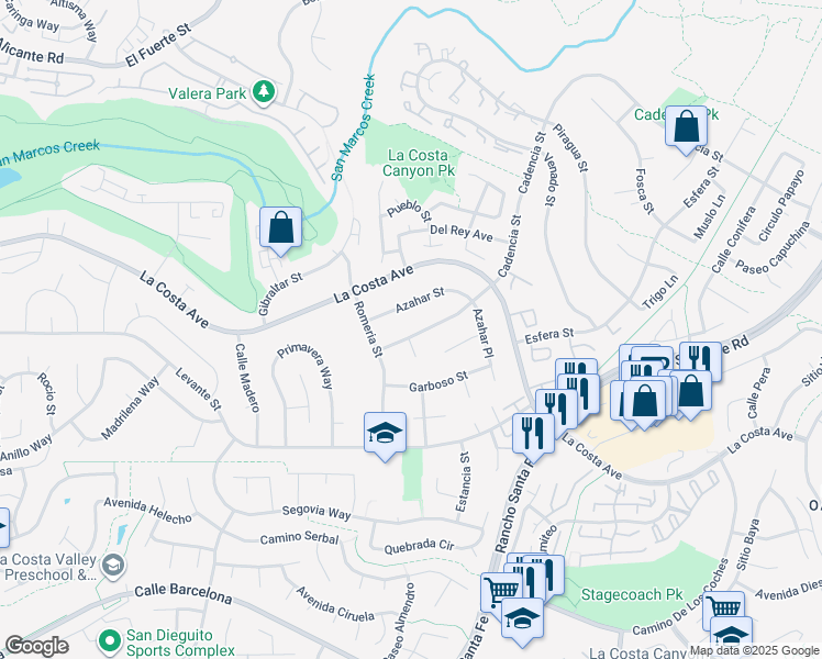 map of restaurants, bars, coffee shops, grocery stores, and more near 3010 Cadencia Street in Carlsbad