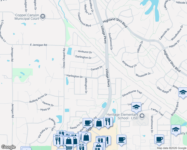 map of restaurants, bars, coffee shops, grocery stores, and more near 4207 Lansbury Drive in Highland Village