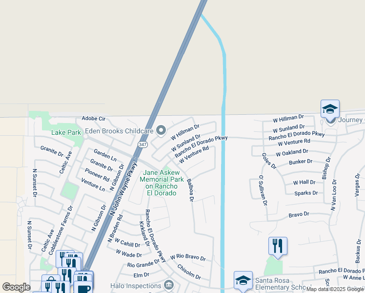 map of restaurants, bars, coffee shops, grocery stores, and more near 43373 Sunland Drive in Maricopa