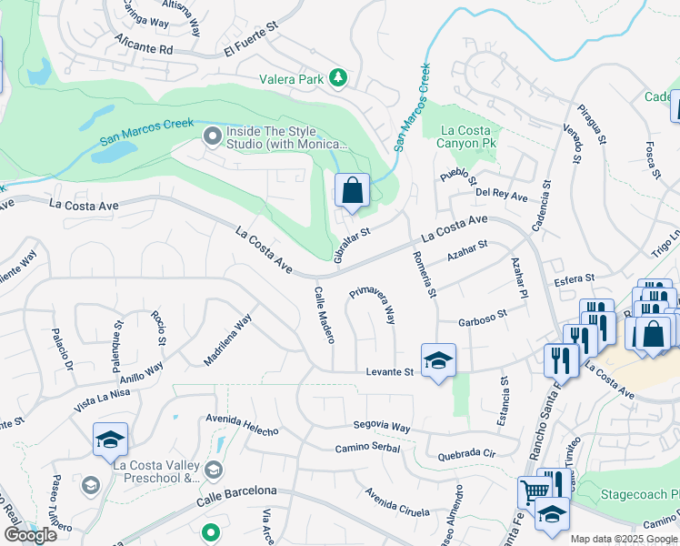 map of restaurants, bars, coffee shops, grocery stores, and more near La Costa Avenue & Gibraltar Street in Carlsbad