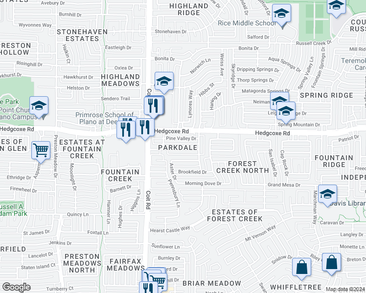 map of restaurants, bars, coffee shops, grocery stores, and more near 3825 Rolling Hills Drive in Plano