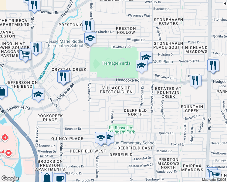 map of restaurants, bars, coffee shops, grocery stores, and more near 7911 Arbor Glen Trail in Plano