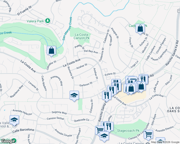 map of restaurants, bars, coffee shops, grocery stores, and more near 3201 Azahar Place in Carlsbad