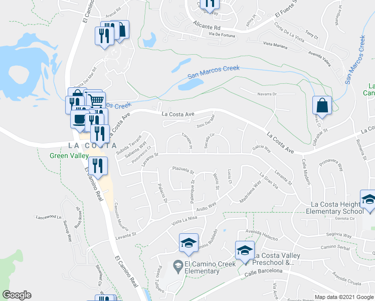 map of restaurants, bars, coffee shops, grocery stores, and more near 2451 Torrejon Place in Carlsbad