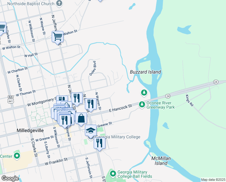 map of restaurants, bars, coffee shops, grocery stores, and more near 520 East Montogomery Street in Milledgeville