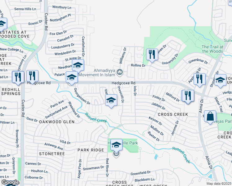map of restaurants, bars, coffee shops, grocery stores, and more near 7929 Steppington Drive in Plano
