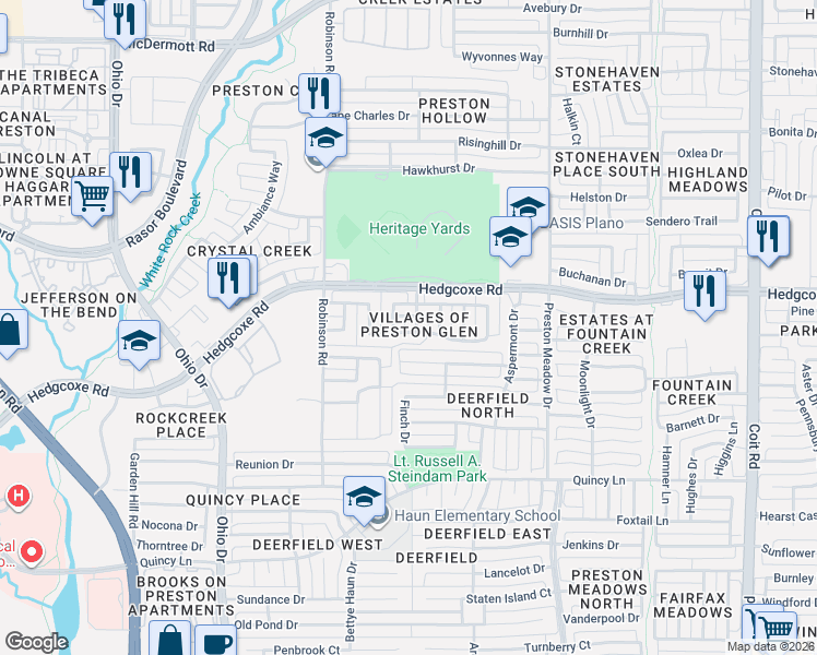 map of restaurants, bars, coffee shops, grocery stores, and more near 7911 Arbor Glen Trail in Plano