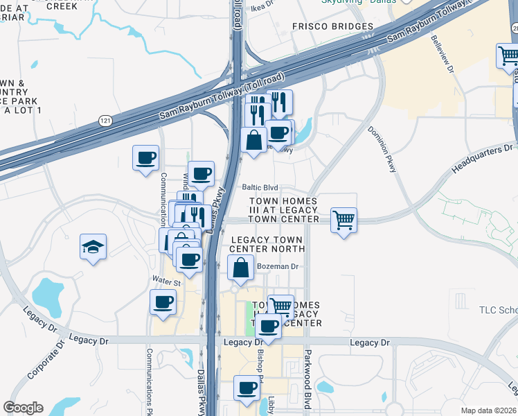 map of restaurants, bars, coffee shops, grocery stores, and more near 7940 Bishop Road in Plano