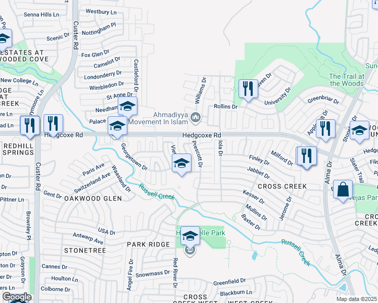 map of restaurants, bars, coffee shops, grocery stores, and more near 7929 Steppington Drive in Plano