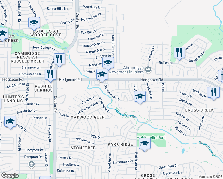 map of restaurants, bars, coffee shops, grocery stores, and more near 1809 Crescent Creek Lane in Plano