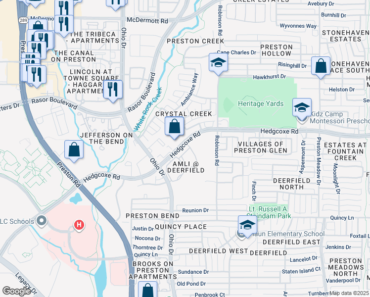 map of restaurants, bars, coffee shops, grocery stores, and more near 4640 Hedgcoxe Road in Plano