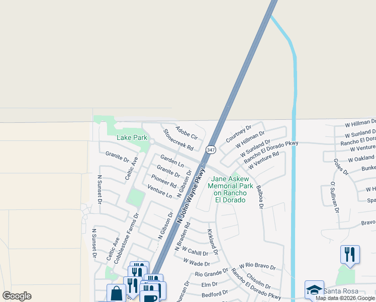 map of restaurants, bars, coffee shops, grocery stores, and more near 43944 Stonecreek Road in Maricopa